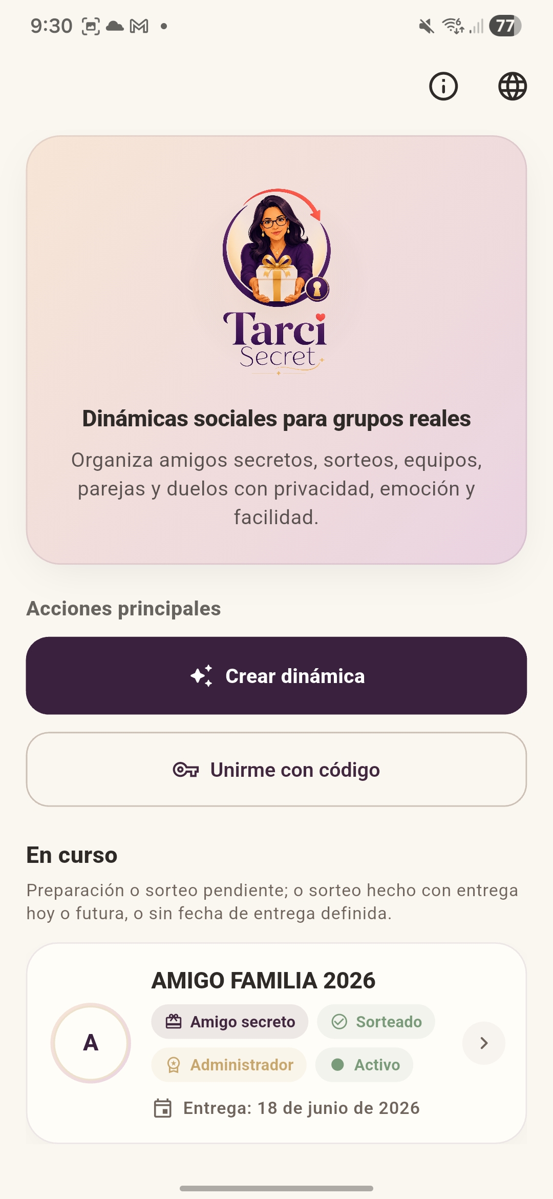 Pantalla principal de Tarci Secret en un móvil