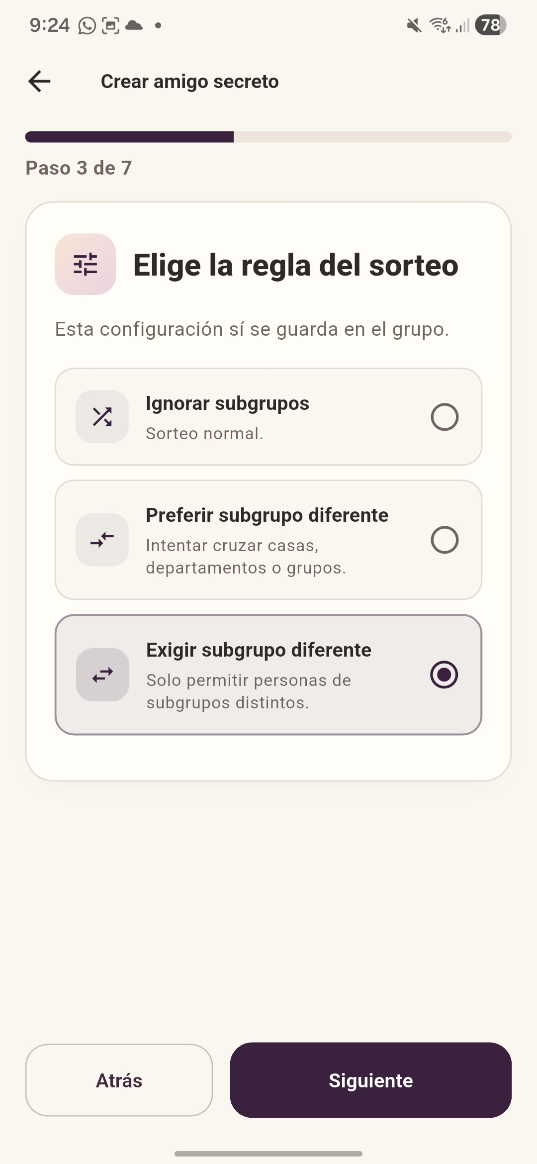 Pantalla de configuración de reglas del sorteo