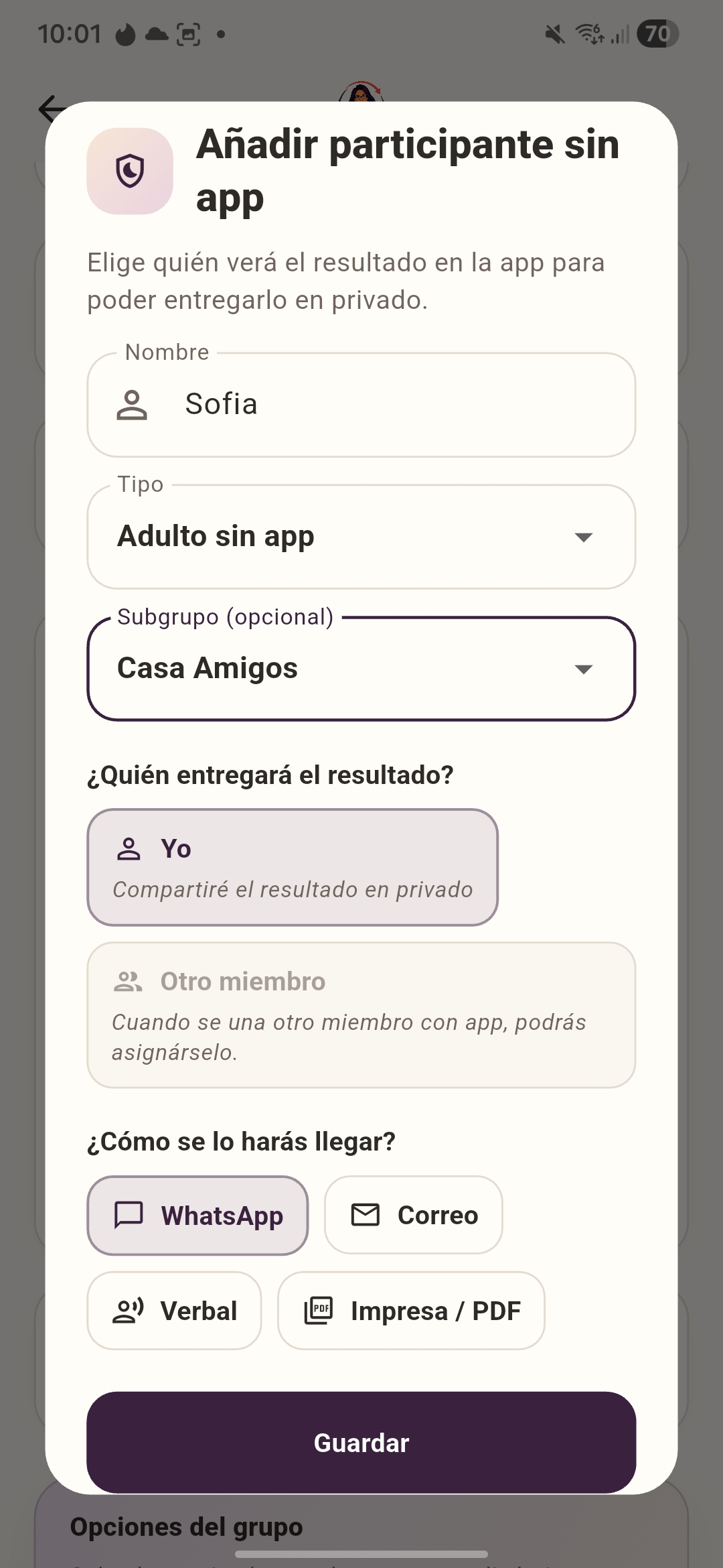 Formulario para añadir participante sin aplicación