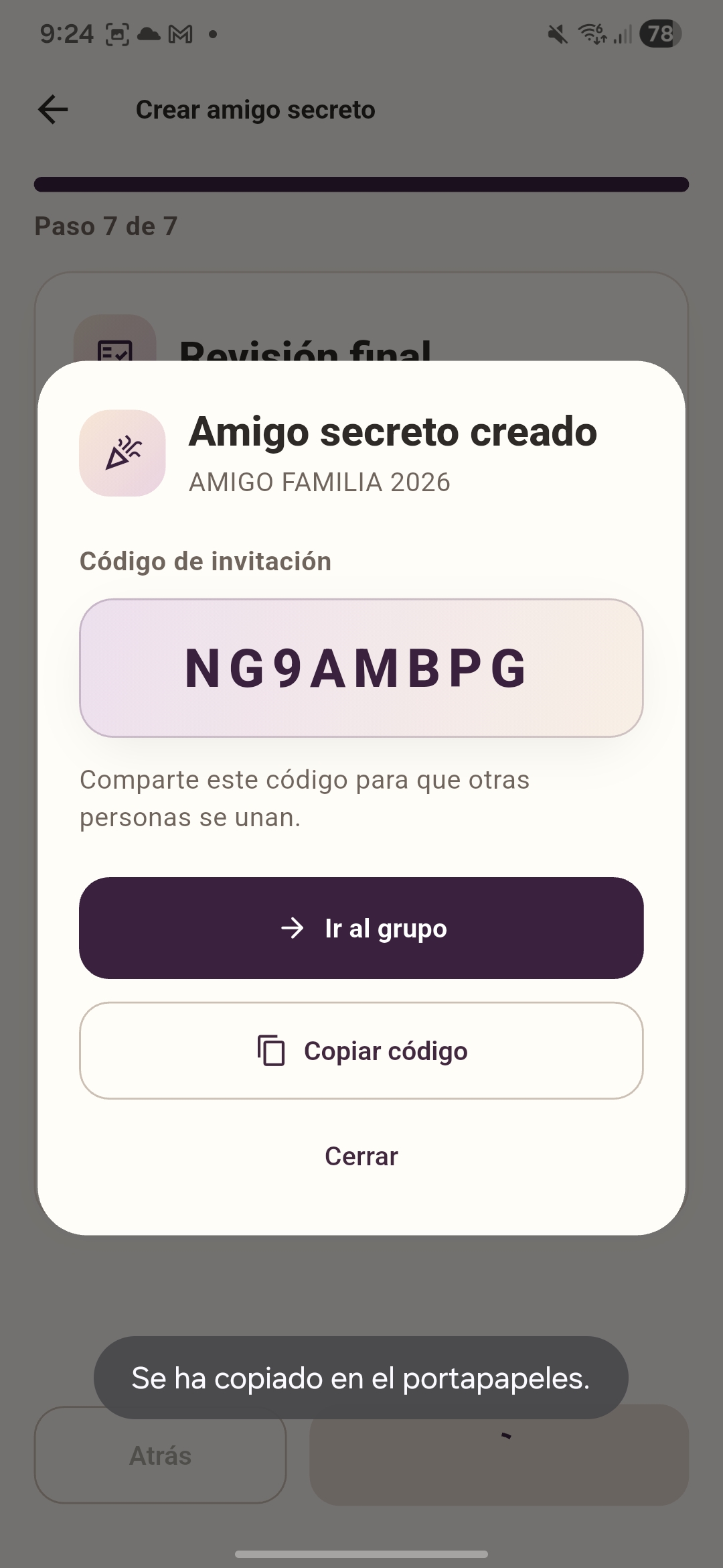 Confirmación de grupo creado con código de invitación